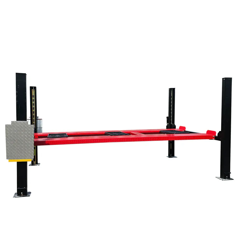 Four-post car lift with red main beams and two side platforms, black upright columns.
