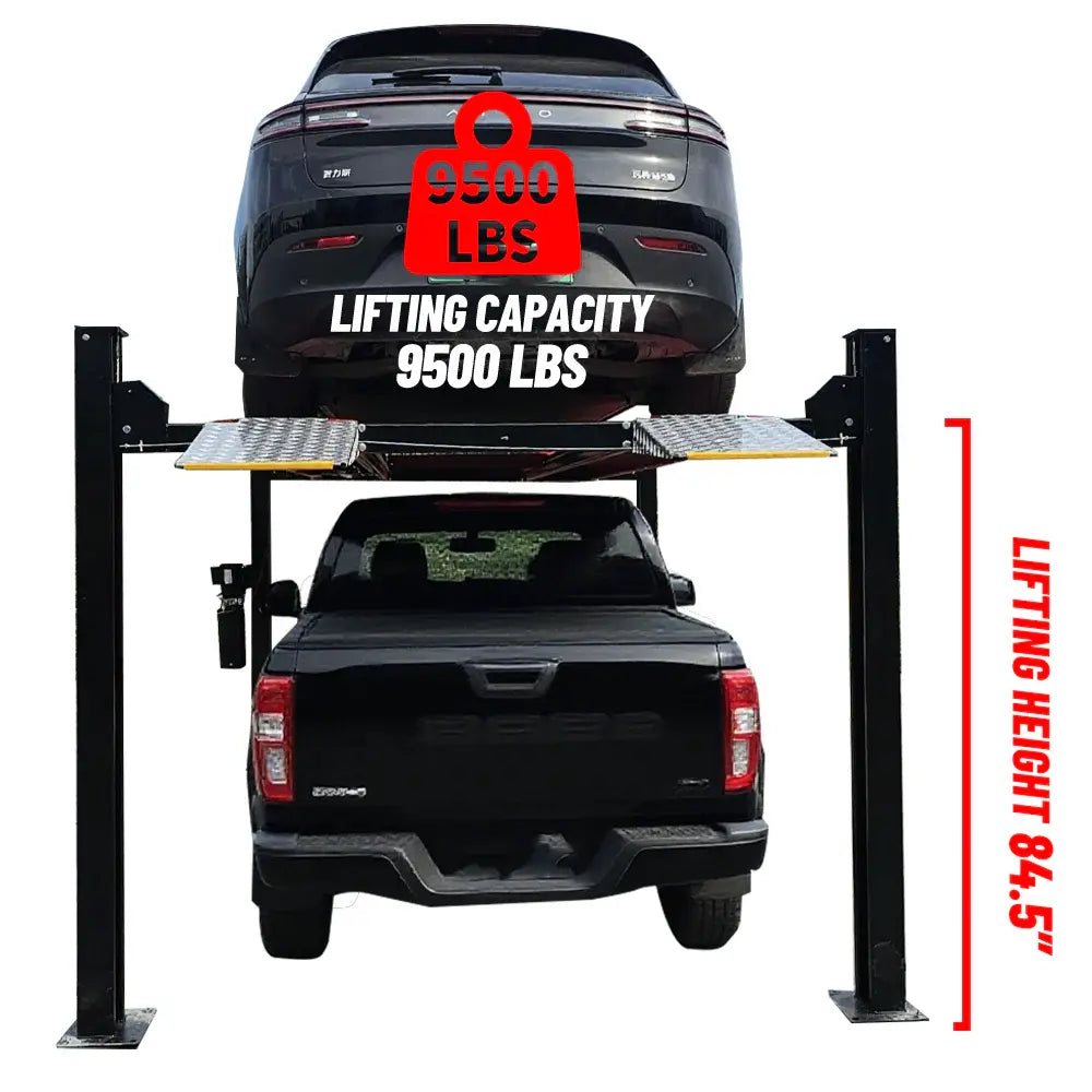 Four-post car lift holding a car on two metal platforms, black uprights and red supports.