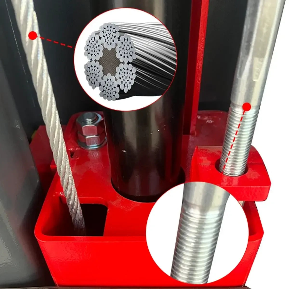 Two-post car lift base plate showing cable and lift screw with thread details