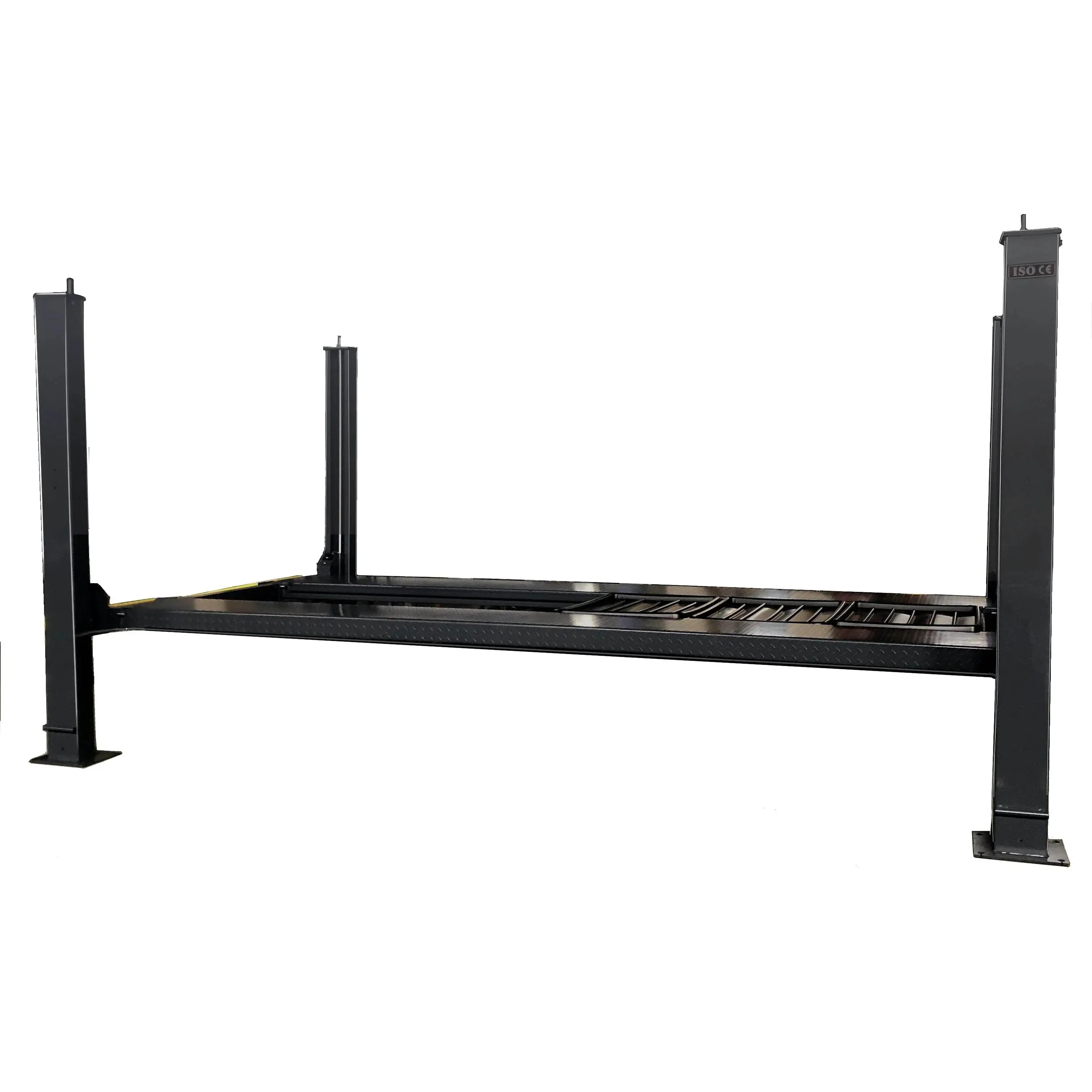 Four-post parking lift overhead runway platform with black steel beams and uprights