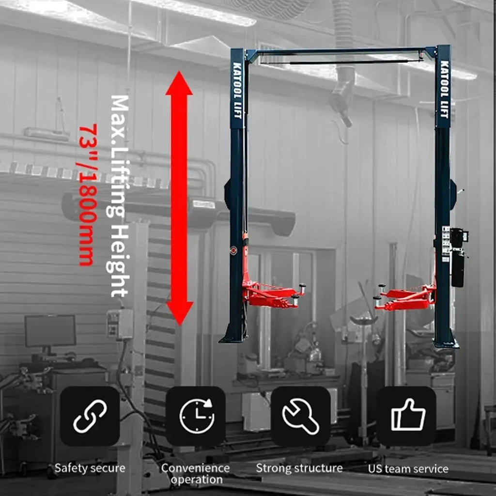 Two-post car lift mounted in a garage with red arms in raised position