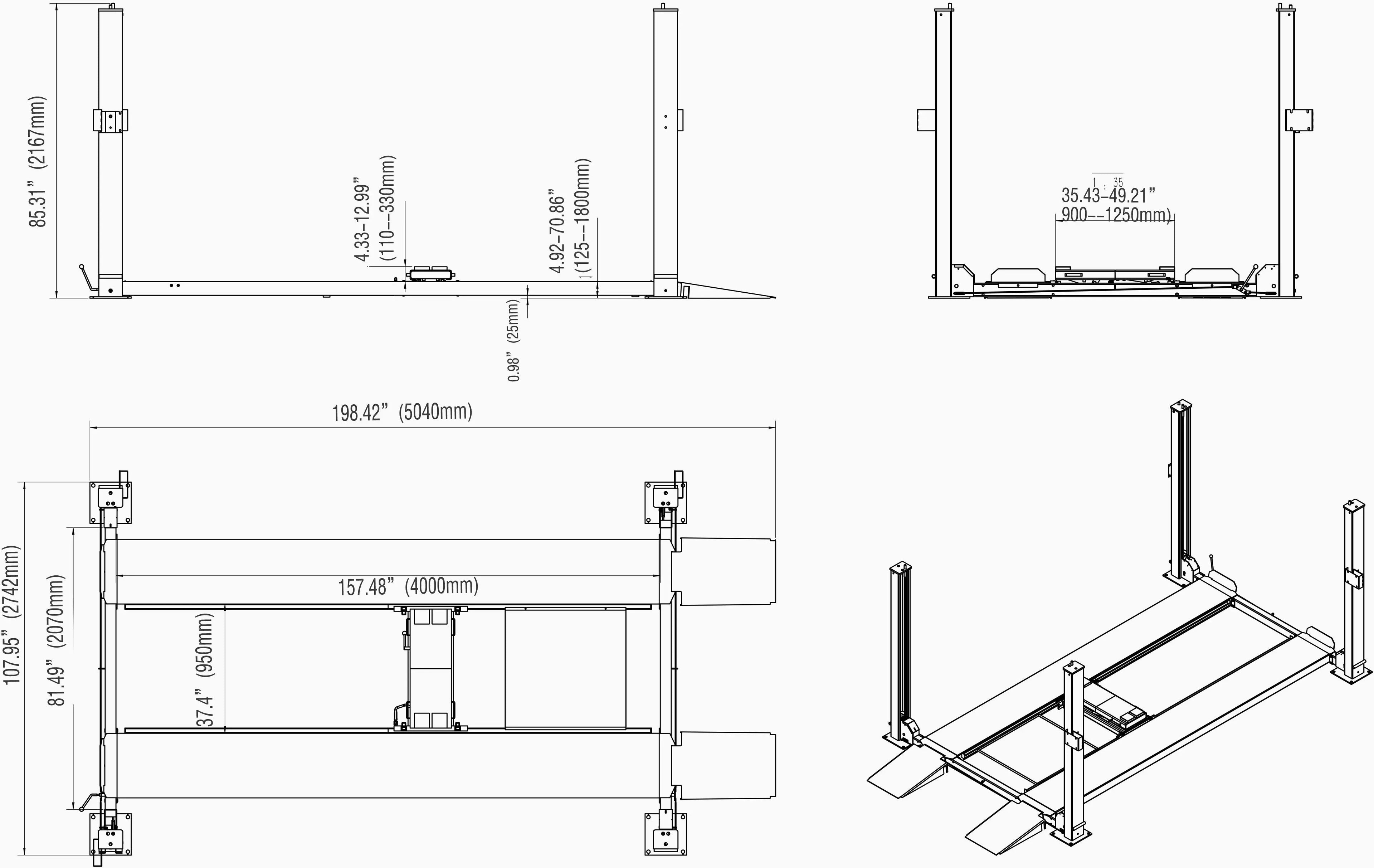Four-post parking lift technical dimension diagram with side and front views