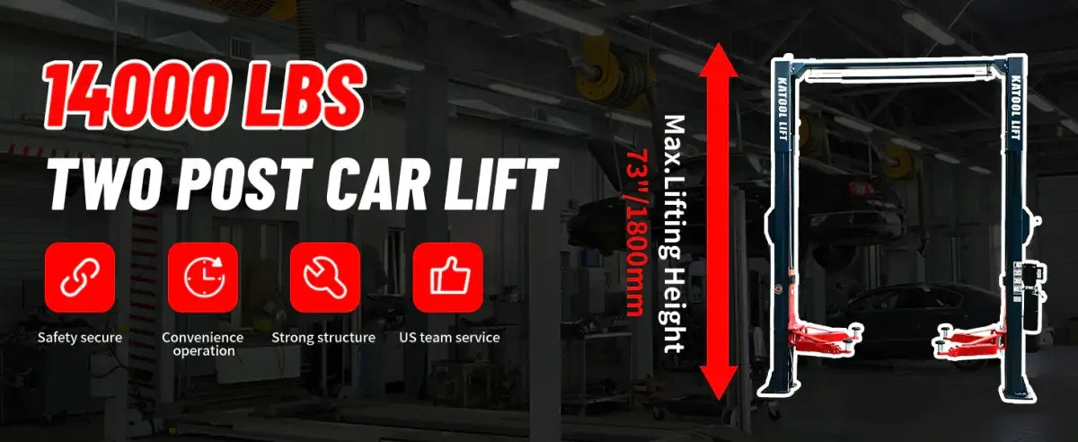 Two-post car lift promotional layout with capacity and height arrows and lift view