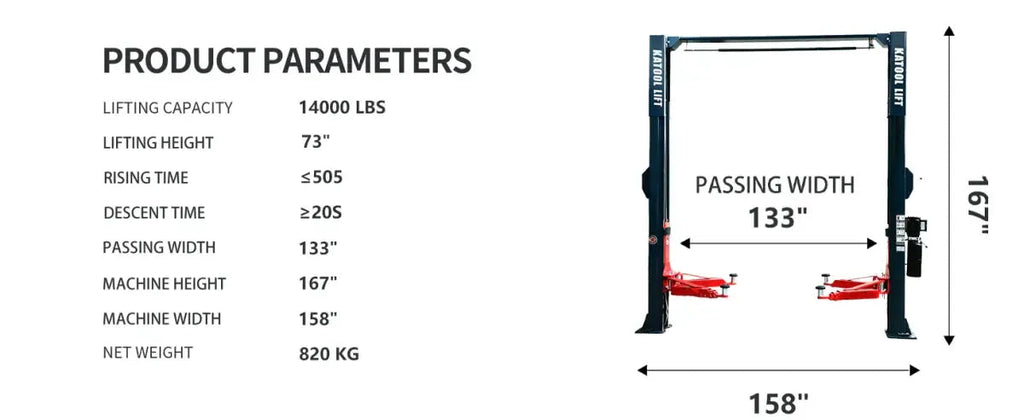 Two-post car lift product parameter graphic with measurements and height specs