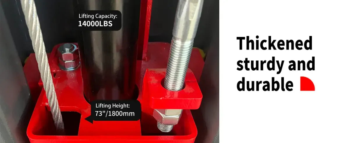 Two-post car lift base showing thickened red platform and lifting height label