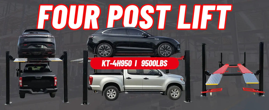 Four-post lift shown with multiple vehicles and red label area, platforms raised between columns.