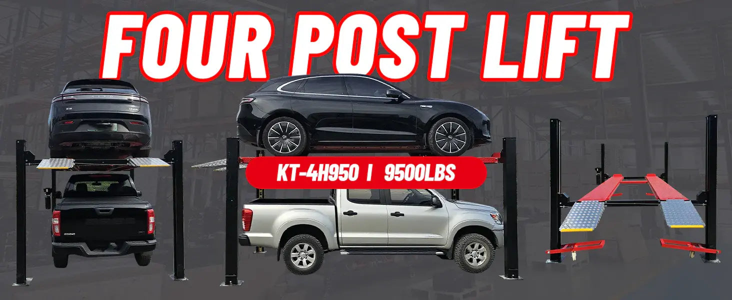 Four-post lift shown with multiple vehicles and red label area, platforms raised between columns.