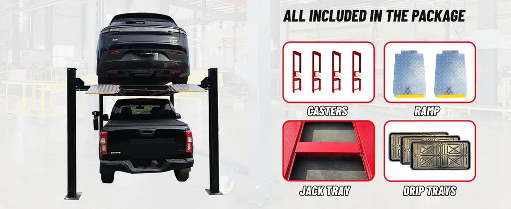 Four-post lift package layout with included parts icons for lift, ramp, jack tray, and casters.