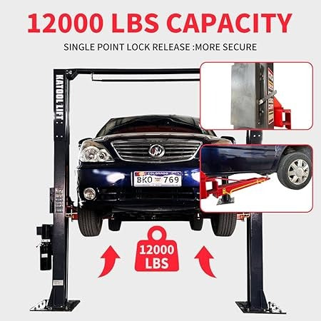 2. Single point lock 2-post auto lift with 12,000 lb capacity