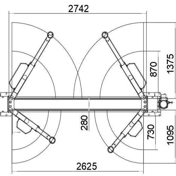 Two-post lift schematic showing lift arms and measurement dimensions diagram