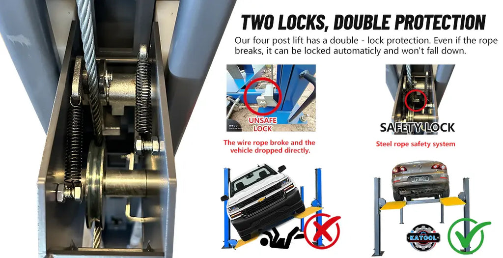 Four-post parking lift rope and safety lock mechanism, close-up of steel components