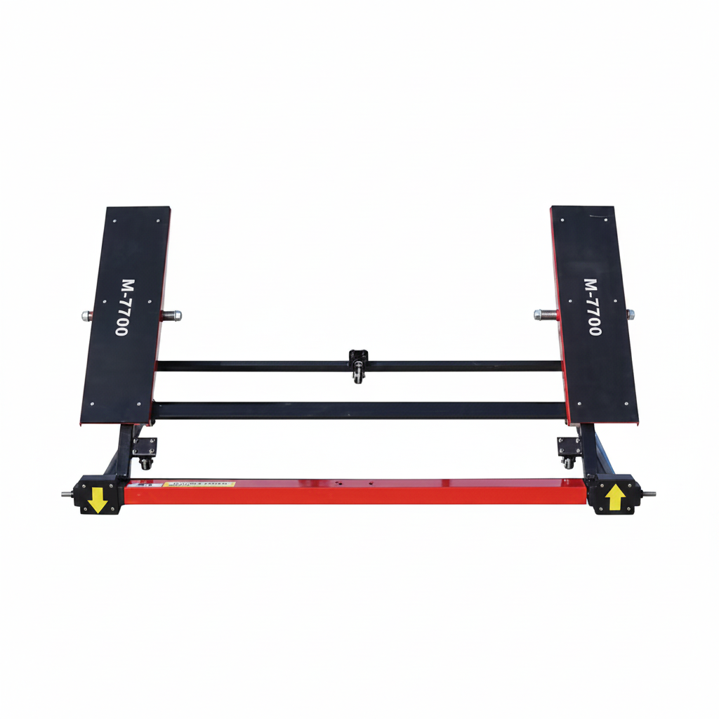 Portable tilting floor car jack with two black lift plates and red base bar
