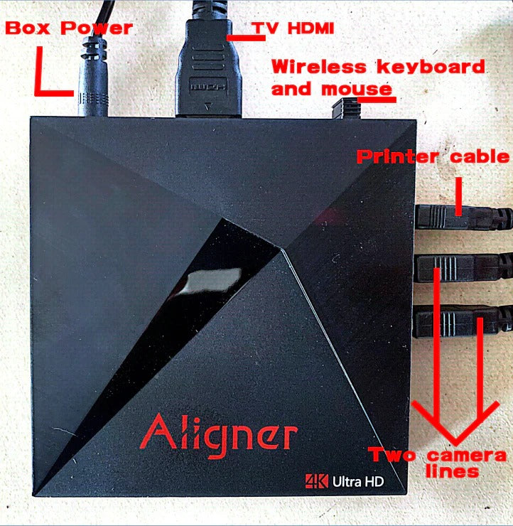 Katool KT-AV6 PRO 4K Ultra HD Android box showing labeled connections: box power, TV HDMI, wireless keyboard and mouse, printer cable, and two camera lines
