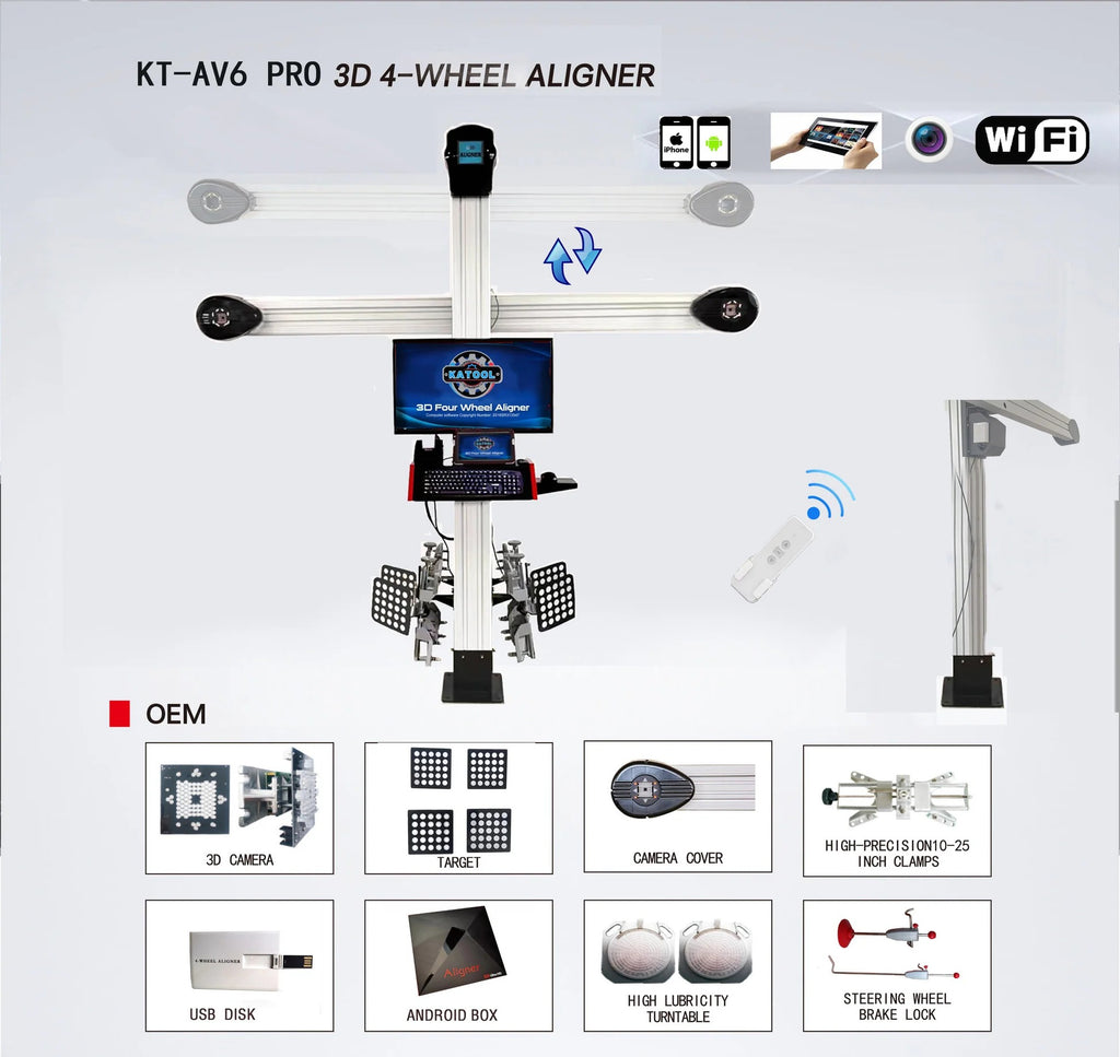 Katool KT-AV6 PRO 3D 4-wheel aligner system overview with OEM components: 3D camera, targets, camera cover, high-precision clamps, USB disk, Android box, turntable and steering wheel lock
