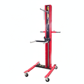 Red wheel lifter stand with black lift rails, cross bars, and caster feet