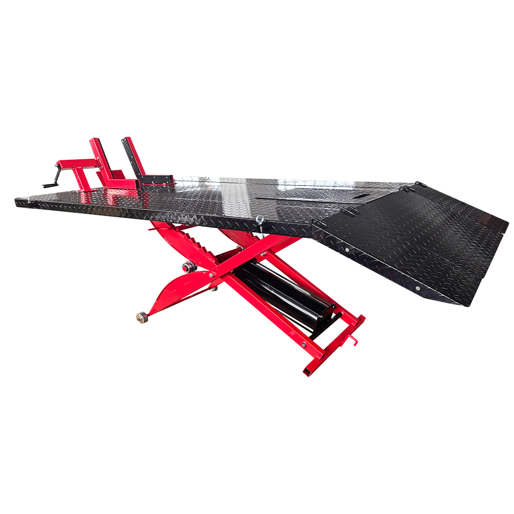Hydraulic motorcycle lift with black diamond-plate ramps and red scissor frame