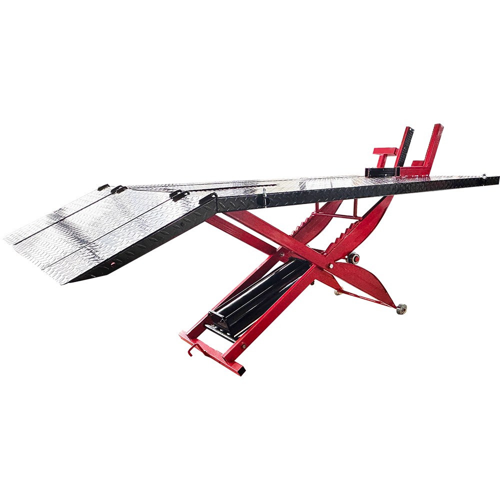 Hydraulic motorcycle lift extended with two ramps and red scissor lift base