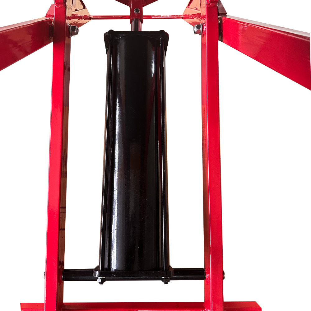 Hydraulic motorcycle lift center post with black lifting column inside red frame