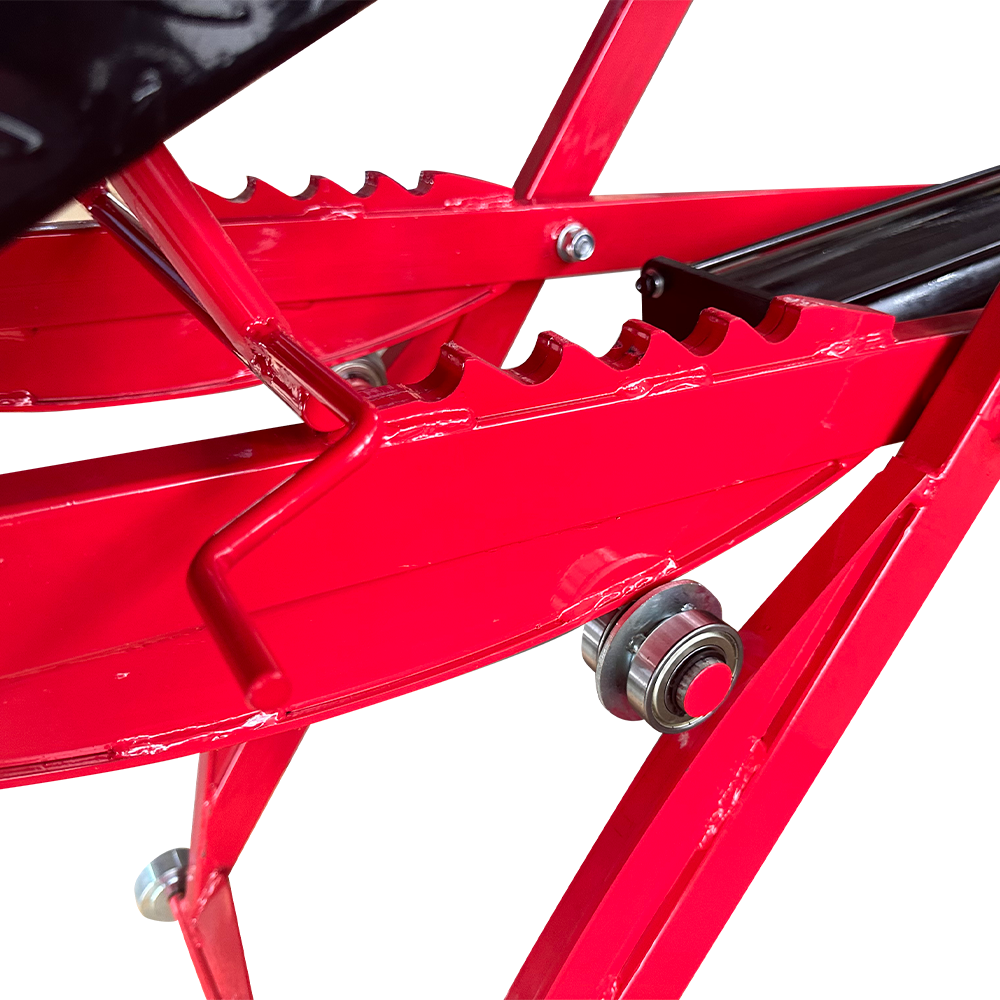 Hydraulic motorcycle lift lifting mechanism with rollers and red platform rails