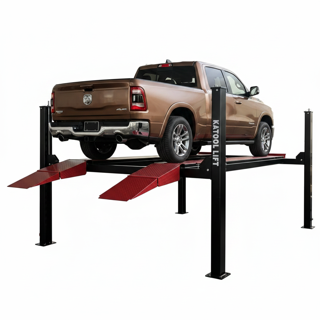 Four-post alignment lift with a brown pickup on red ramps and platforms