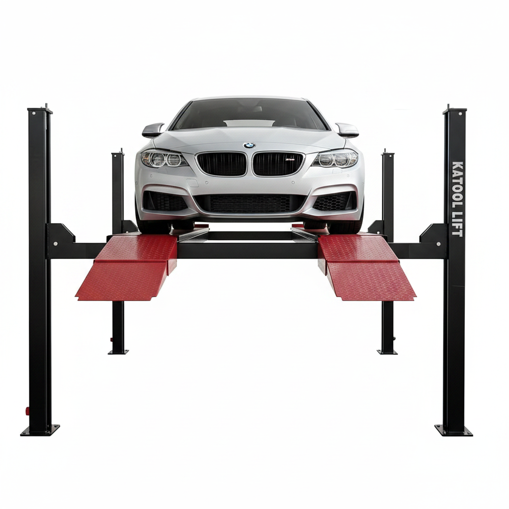 Four-post alignment lift holding a white BMW on red textured vehicle ramps