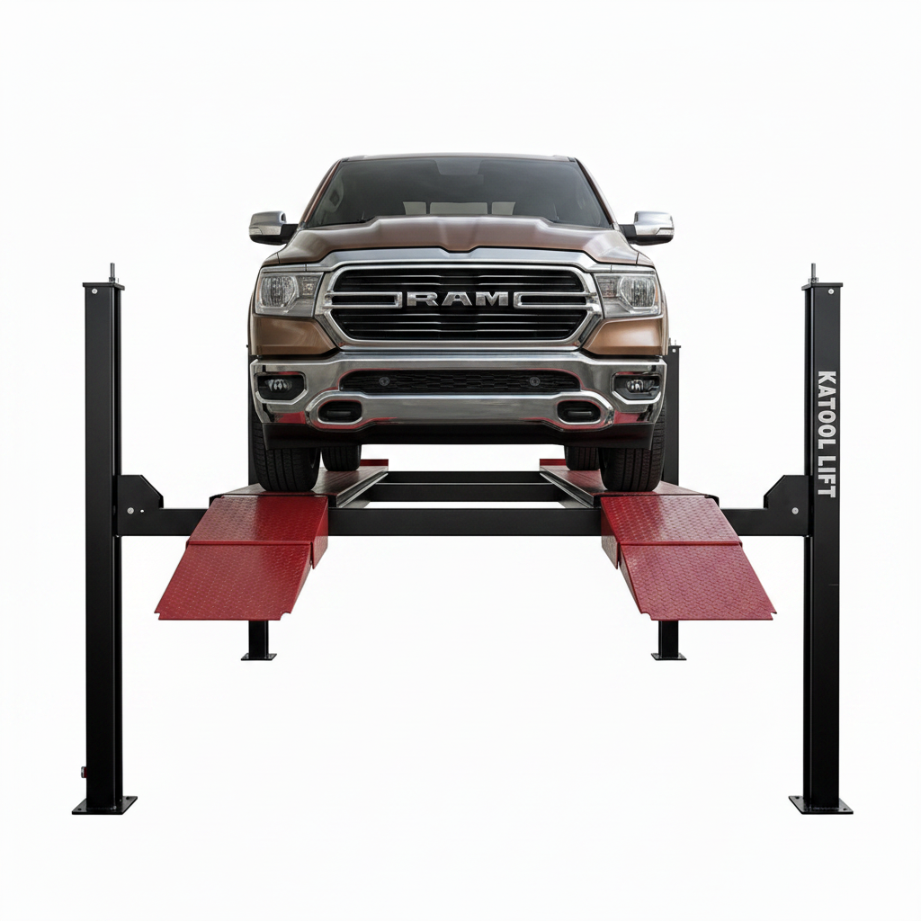 Four-post alignment lift with a RAM pickup on red textured side ramps
