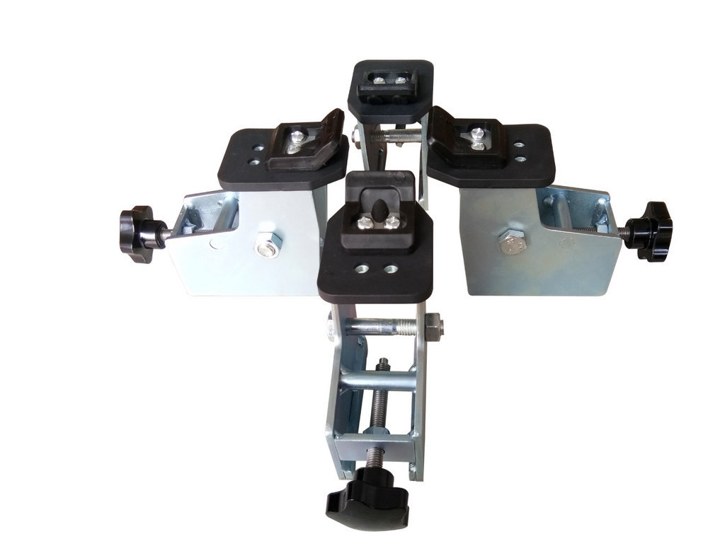 Motorcycle wheel adaptor with black mounting blocks and steel clamp arms