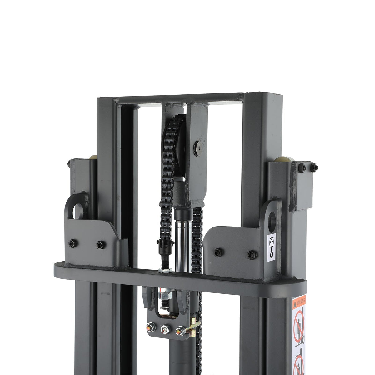 Counterbalanced stacker mast assembly with chains and hydraulic lines