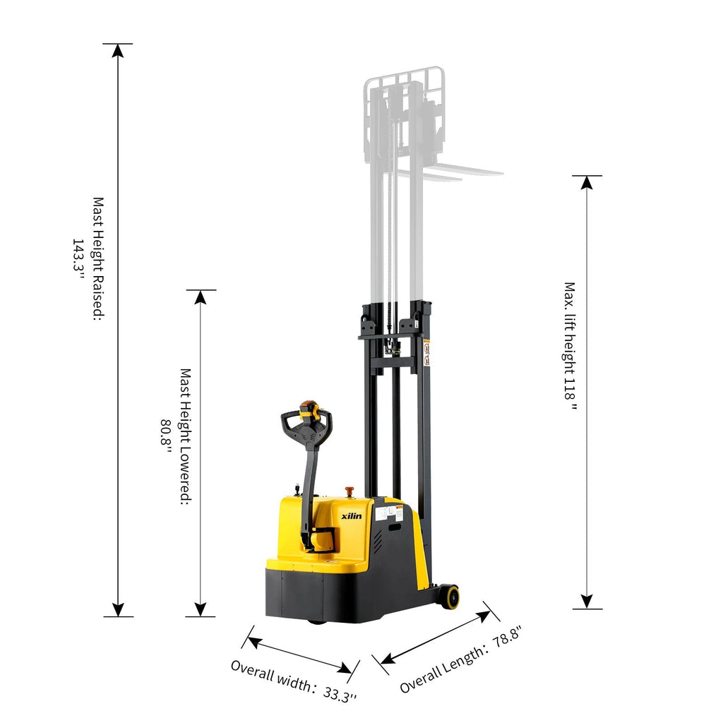 Electric counterbalanced pallet stacker with control handle and mast, yellow and black