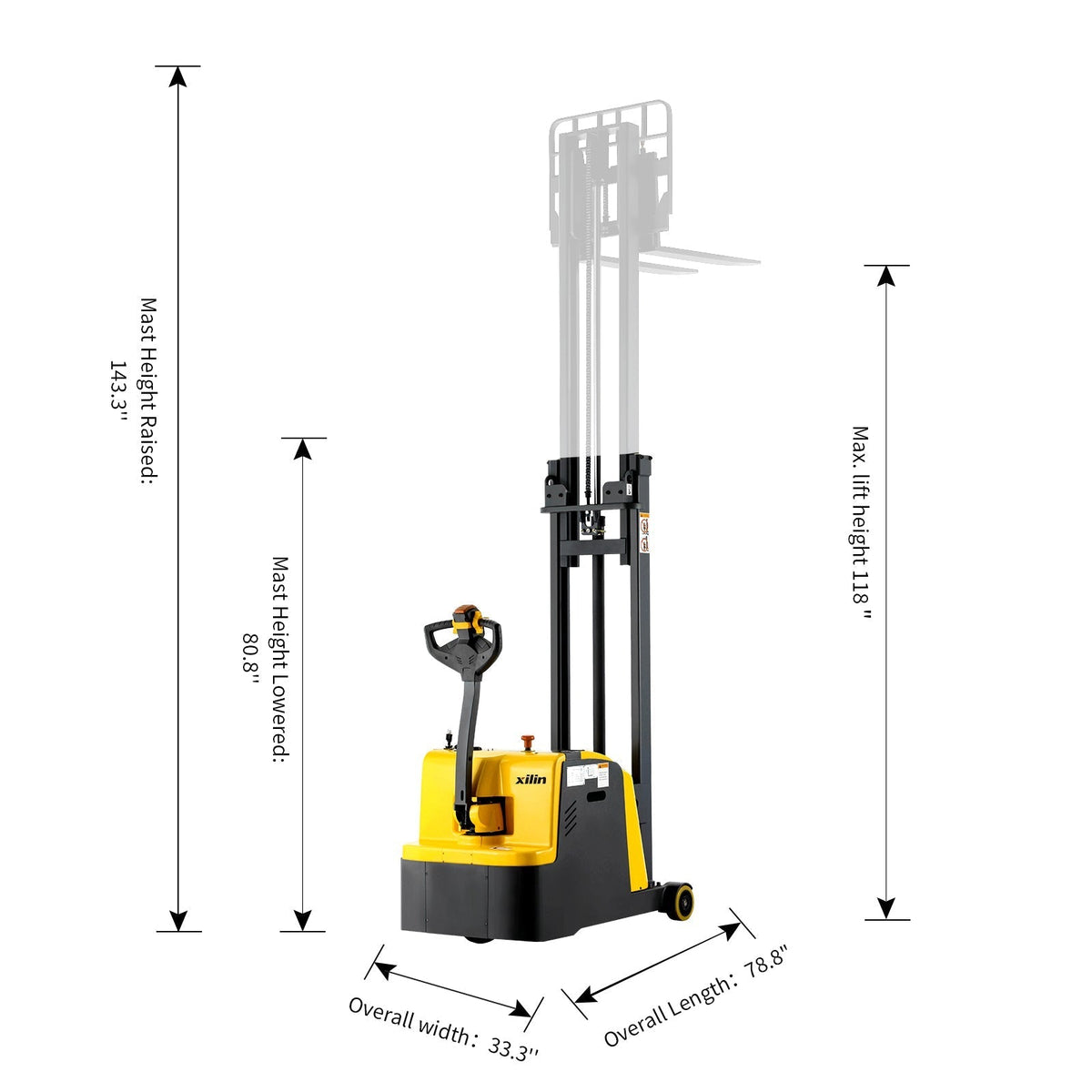 Electric counterbalanced pallet stacker with control handle and mast, yellow and black