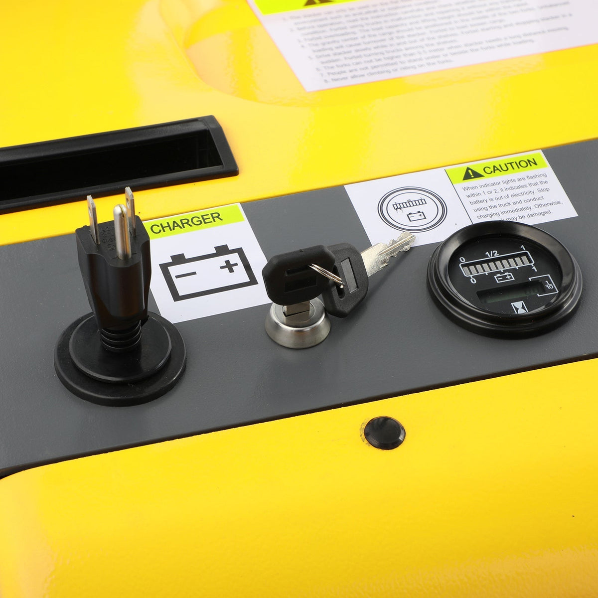 Electric stacker control panel with key switch and gauge on yellow base