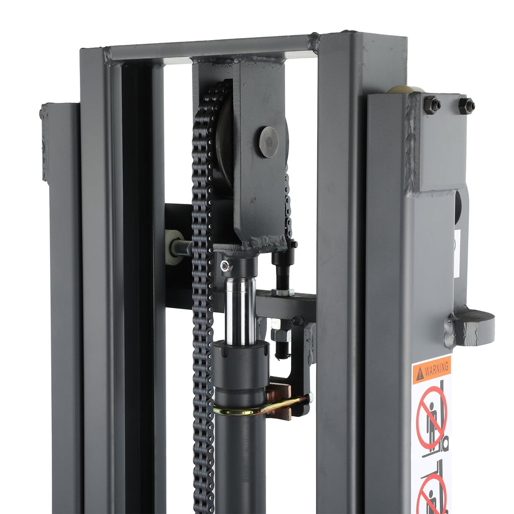 Electric stacker mast assembly with chain and hydraulic cylinder, open side view