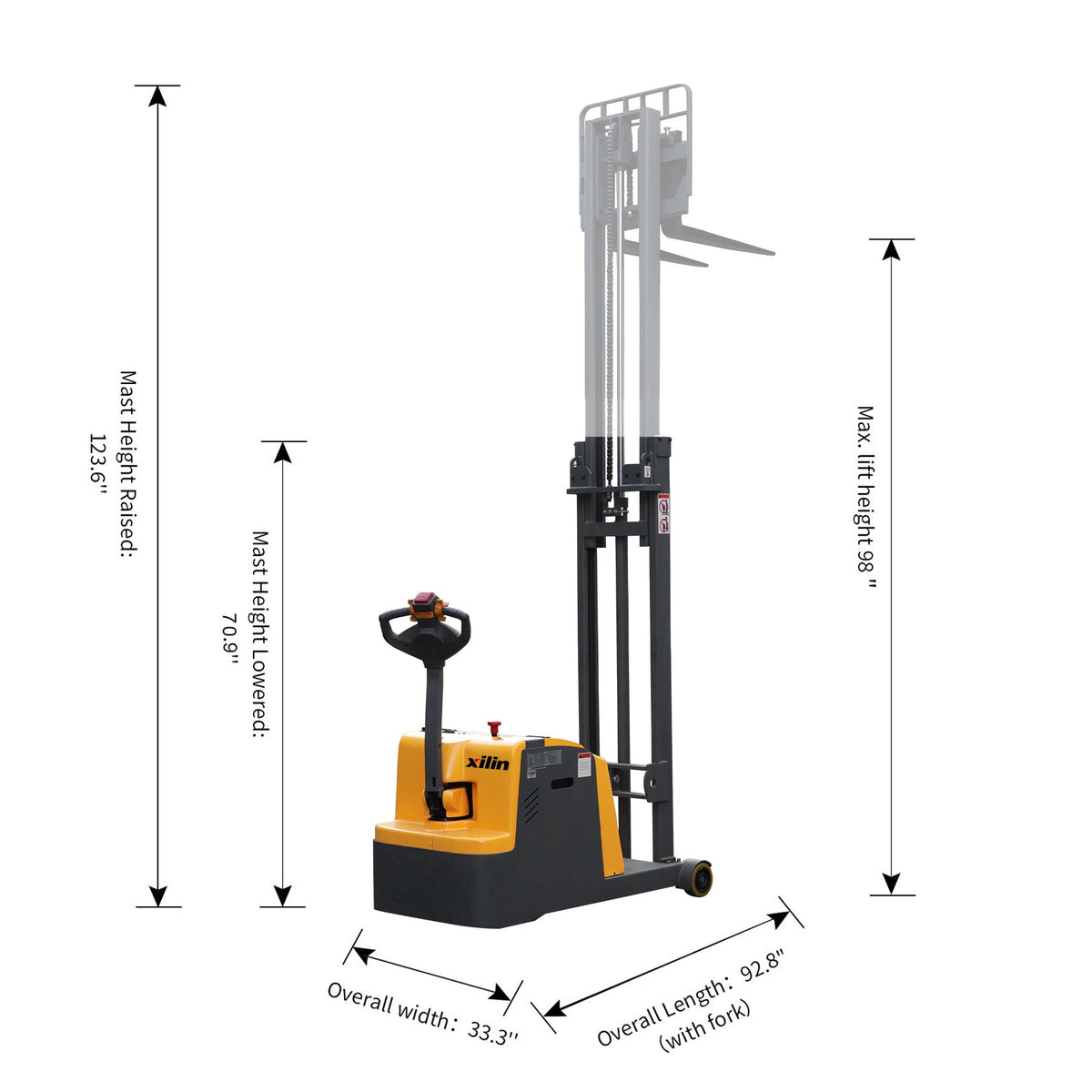 Electric counterbalanced stacker with forks and raised mast, side view with dimensions
