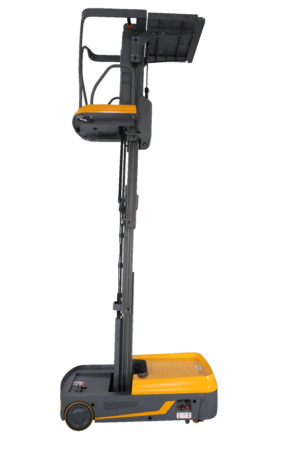 Orange and gray order picker with raised operator platform and control box