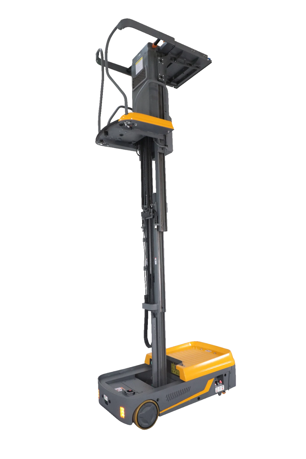 Orange and gray order picker with raised deck, wheels, and control mast