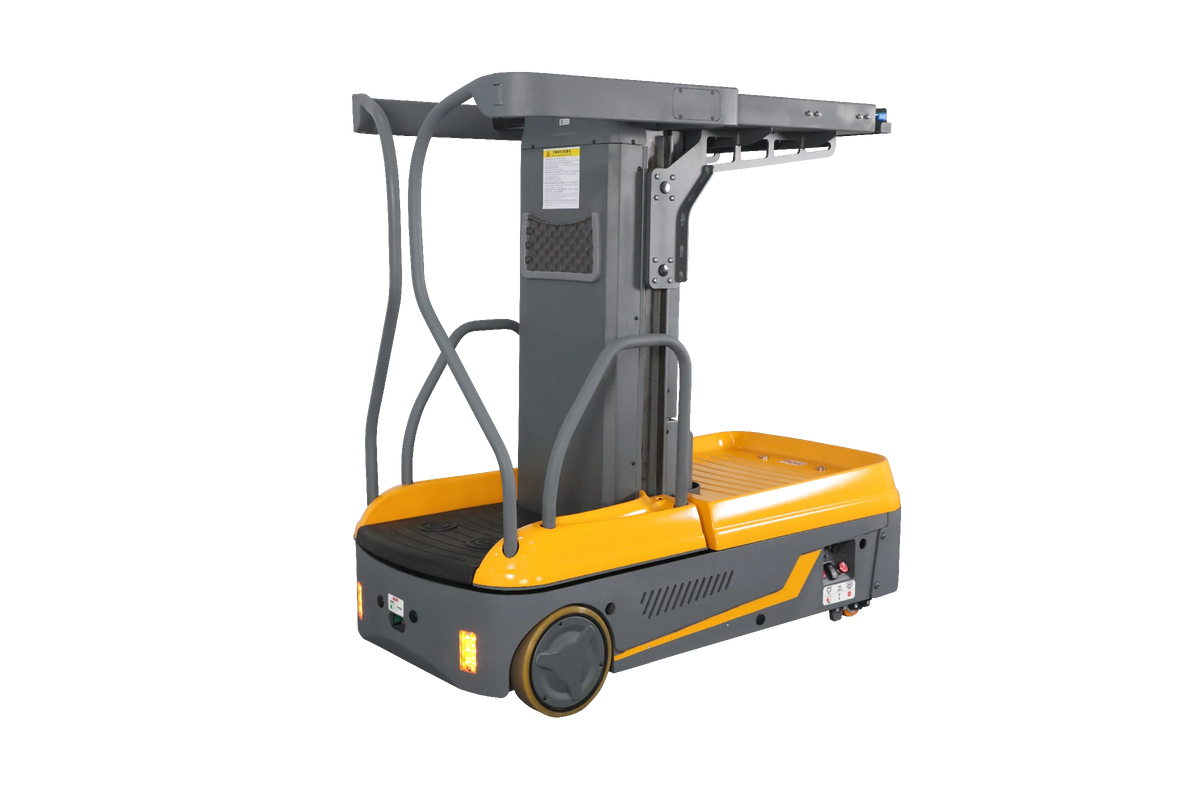 Orange and gray order picker with raised platform and overhead control housing