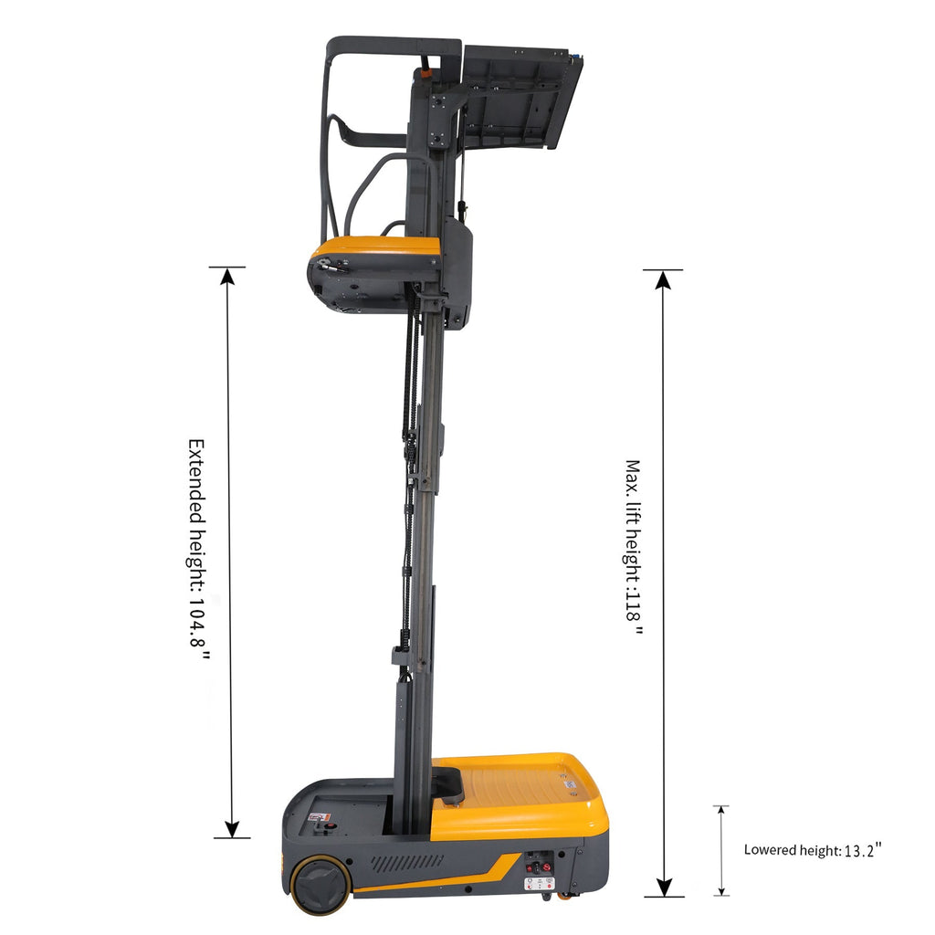 Orange and gray order picker with dimension diagram arrows