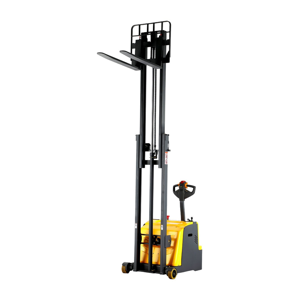 Counterbalanced pallet stacker with raised forks and black safety mast, yellow body