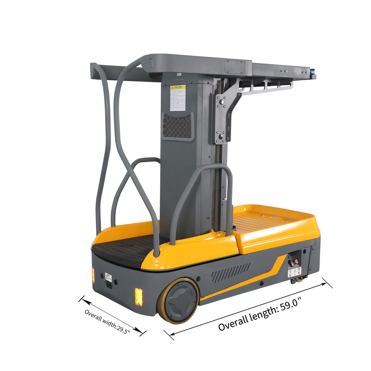 Orange and gray order picker with overhead arm and dimension arrows