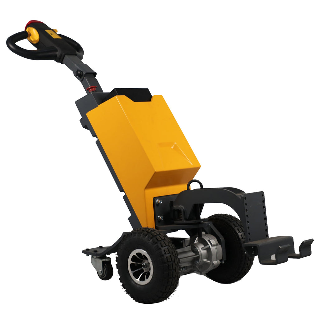 Tow tugger cart with yellow body, black handle, gray frame, and rugged wheels