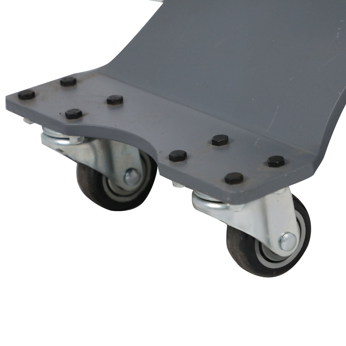 Gray caster base with four mounting bolts and swivel wheel casters