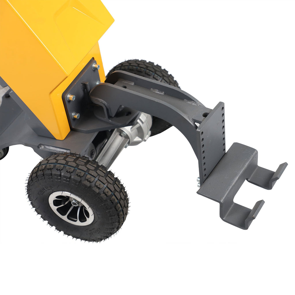 Tow arm and front wheel assembly with black side guard on yellow frame