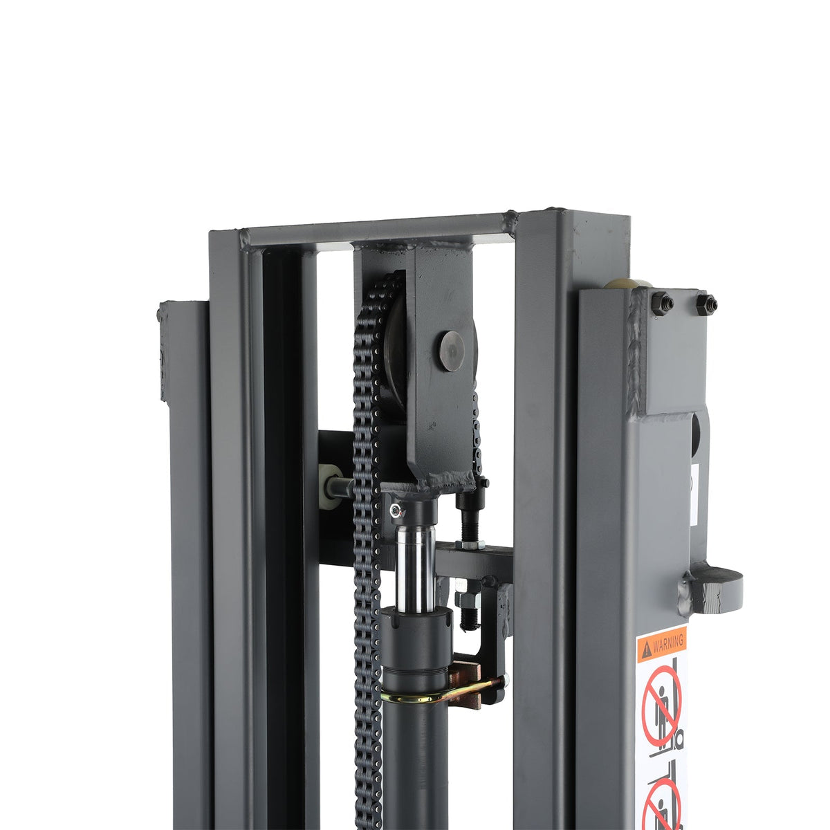 Counterbalanced stacker mast and chain mechanism with hydraulic components