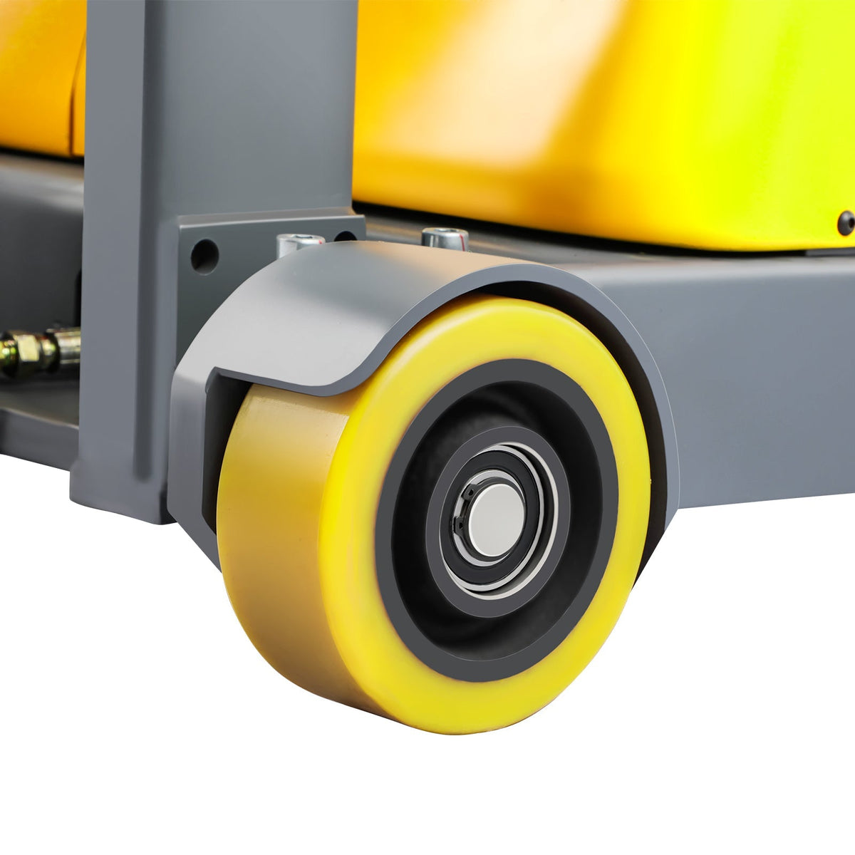 Stacker front wheel with yellow rim and black tire on gray frame