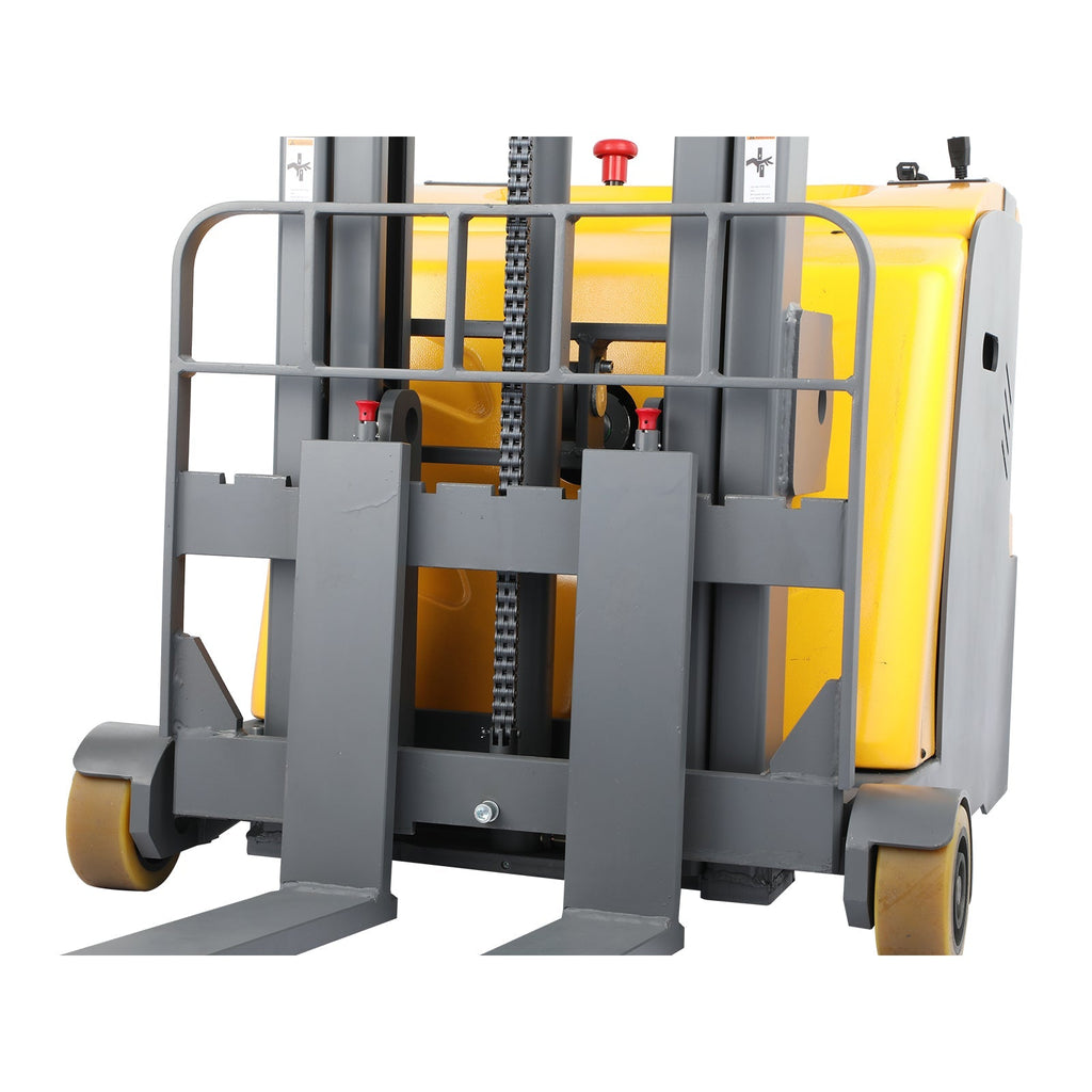 Counterbalanced pallet stacker with fork carriage and safety guard, yellow body