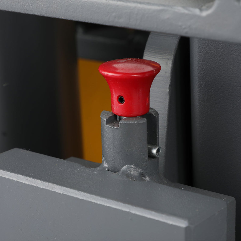 Stacker frame emergency control with red push knob and gray housing