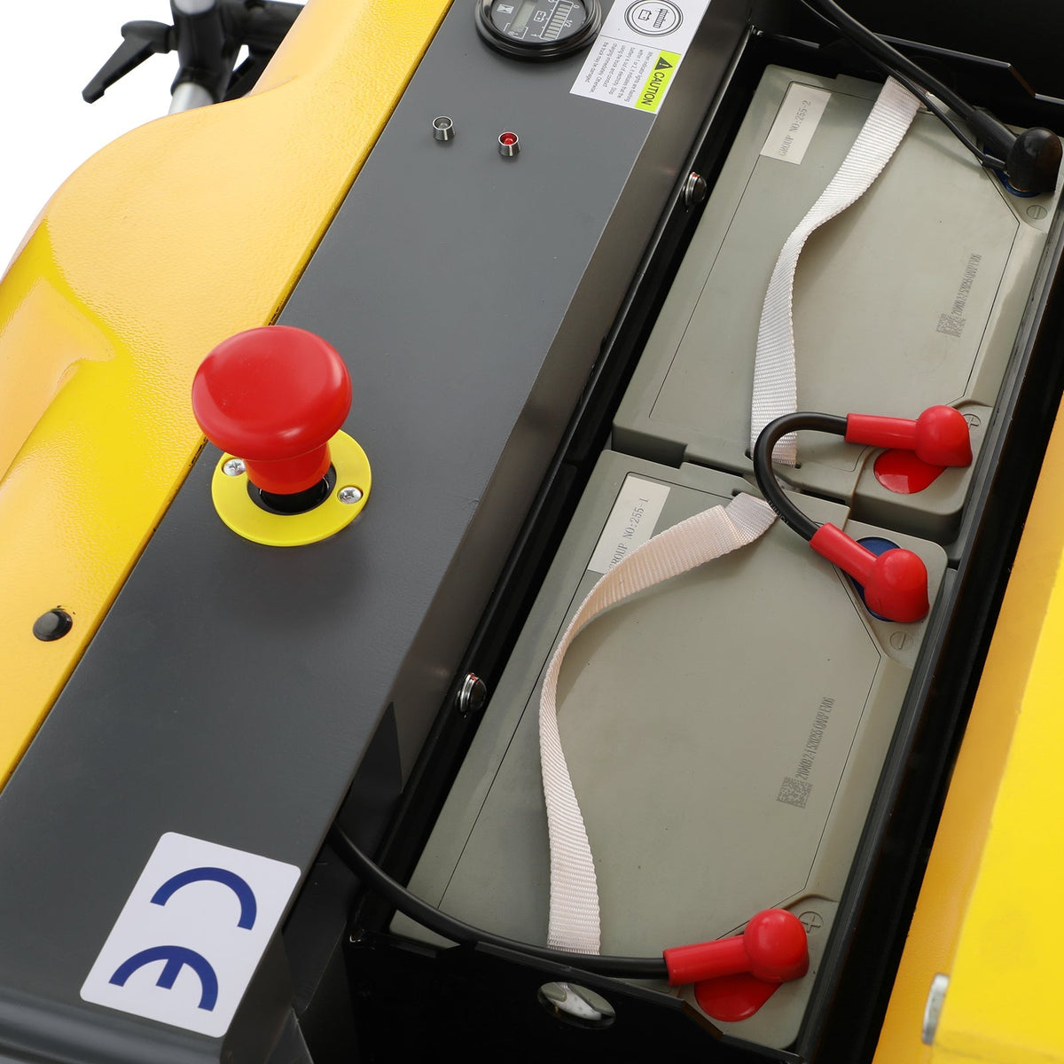 Stacker battery compartment with red controls and access cover