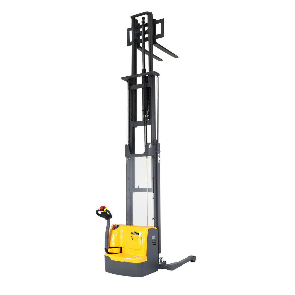 Yellow electric forklift stacker with tall mast, forks, and black operator controls
