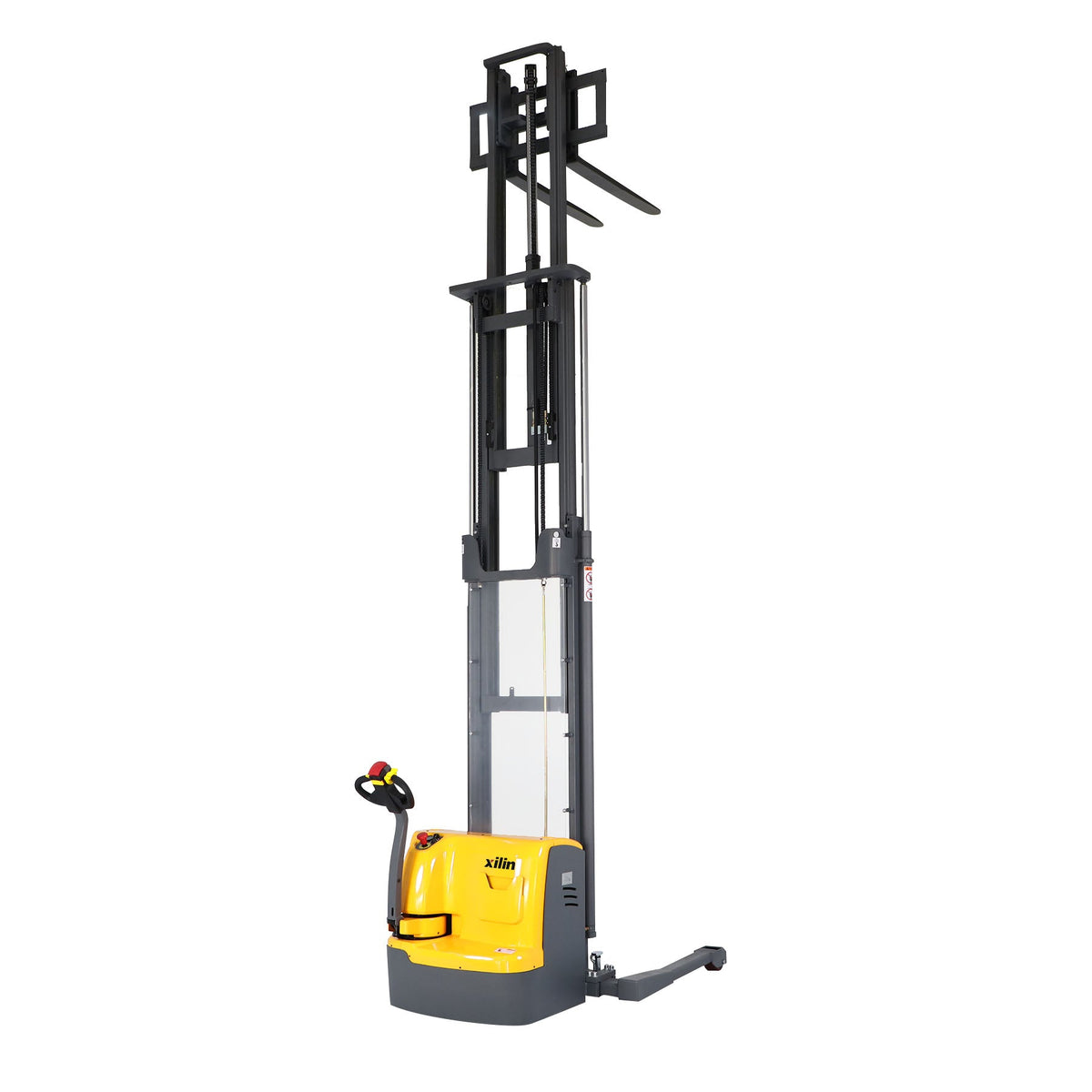 Electric stacker with tall lifting mast and black fork carriage; yellow power unit.