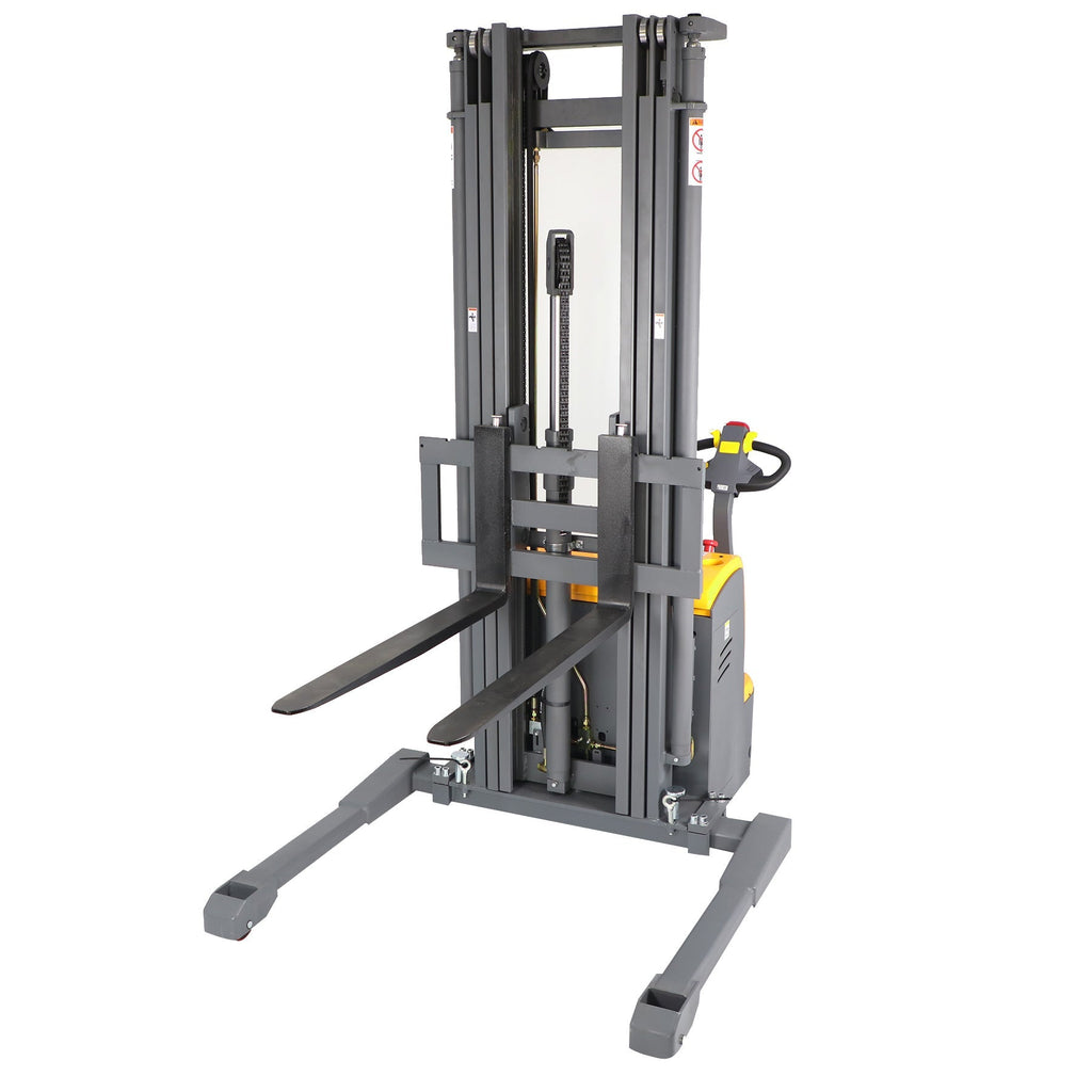 Electric stacker on four gray legs with side controls and extended fork arms, yellow body.